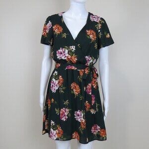 AUW As U Wish Green Floral Print V Neck Dress, Belt, Lined Size Small